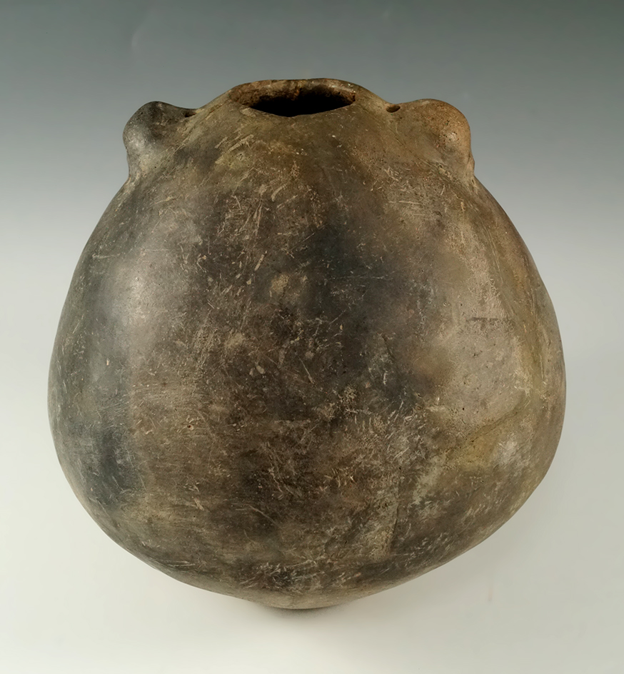 7" tall by 7" wide Caddo Seed Jar with suspension lugs (S.W. Arkansas). Some restoration.