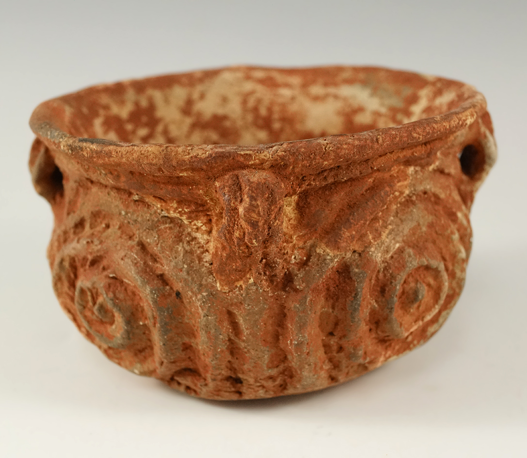 3 7/8" wide by 2 1/8" tall Killough Pinched Jar (E. Texas) with one restored piece at rim.