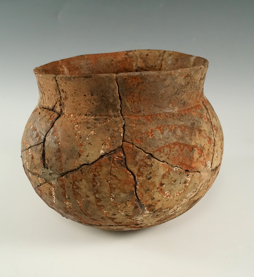 6" wide by 5" tall Patton Engraved Jar (E. Texas) -many pieces reglued back and some restoration.