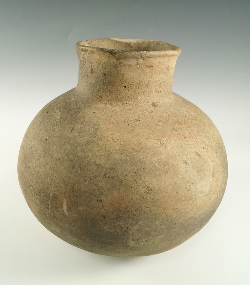 6 3/4" tall by 7 3/8" wide Mississippian Plain Bottle found in Mississippi Co., Arkansas.