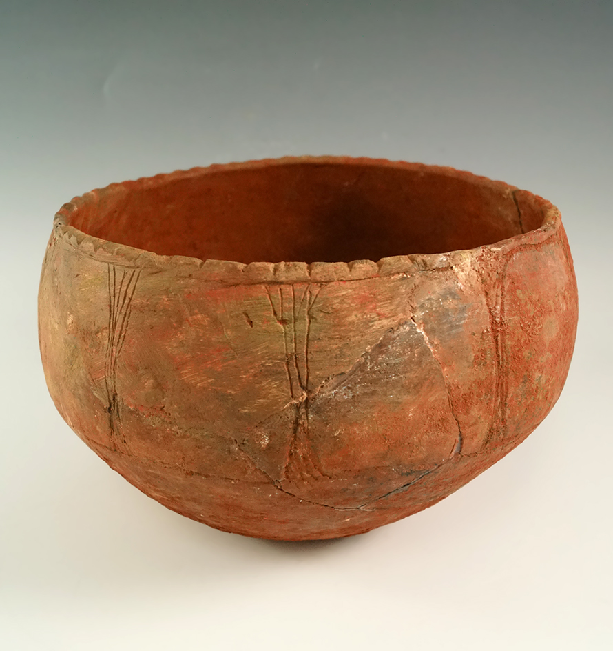 7 1/4" wide by 5" tall Poynor Engraved Bowl (E. Texas) very nice exterior design.