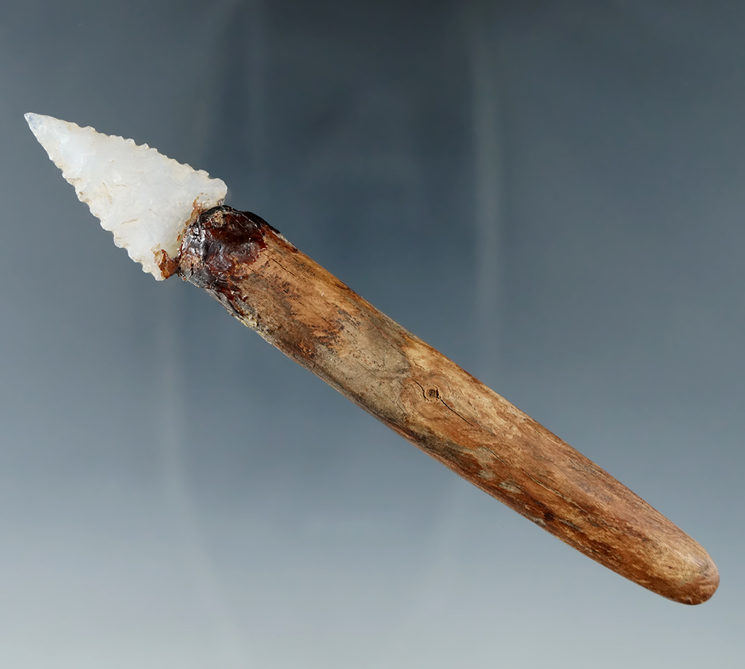 Sale highlight! 4 1/4" long Atlatl dart foreshaft in the original hafting attached with pitch -, NM.