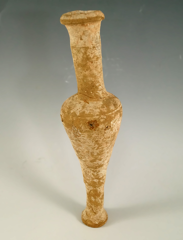 Nicely mineralized surface on this 6 7/16" terra-cotta Roman vase that is solid and undamaged.