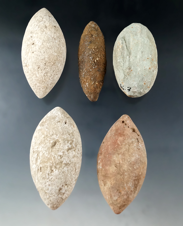 5 Bi-pointed bolo stones, largest is 3" long collected on the shores of Guam by a GI during WWII.