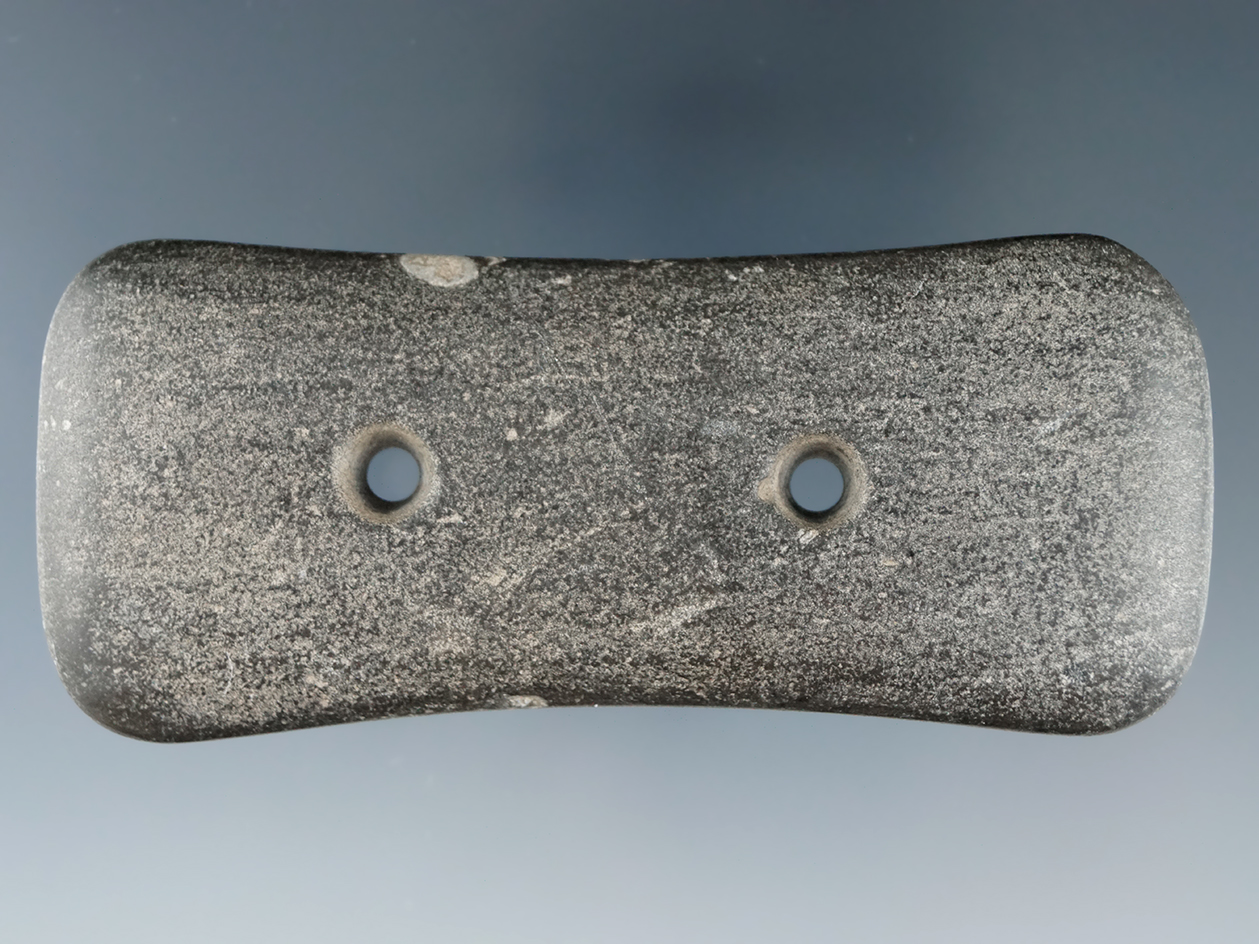 3 3/8" Bi-Concave Gorget - gray Hardstone, found in the vicinity of Bone Gap, Wabash Co., Illinois.