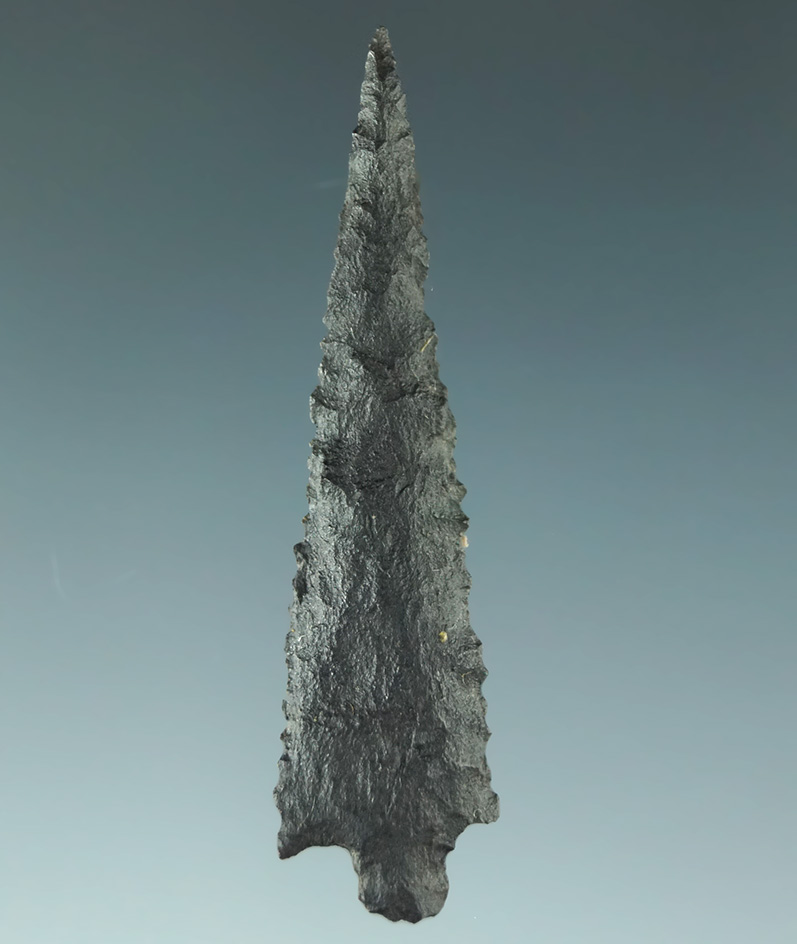 1 11/16" stemmed Arrow point that is exceptionally well made from basalt. California.