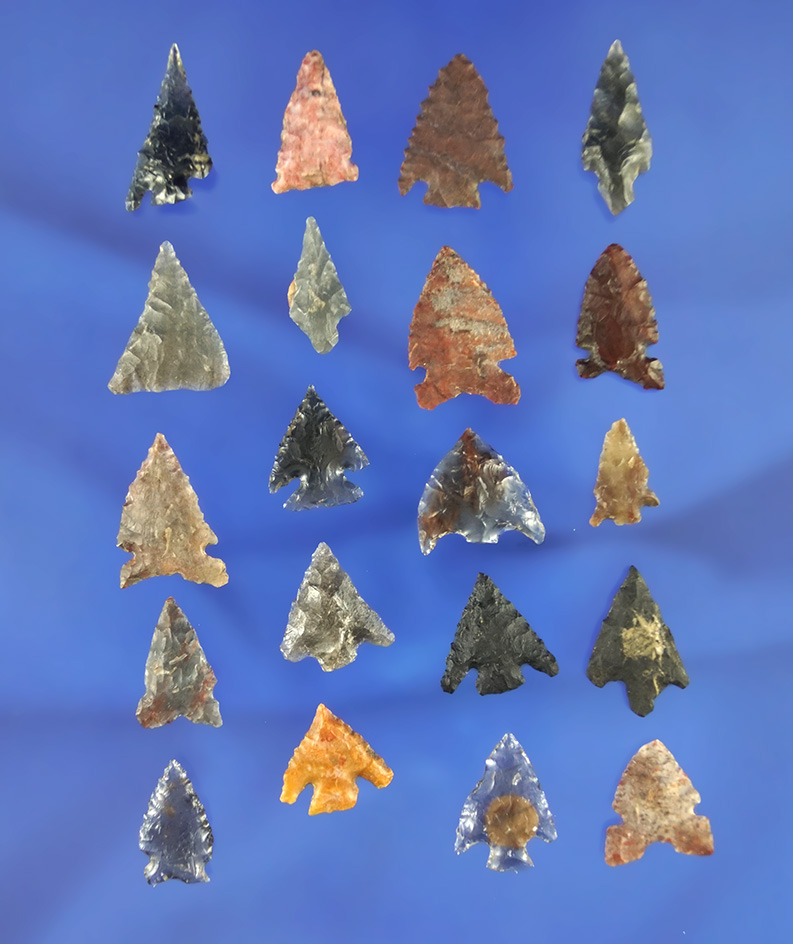 Set of 19 assorted arrowheads found in northern California, largest is 3/4".