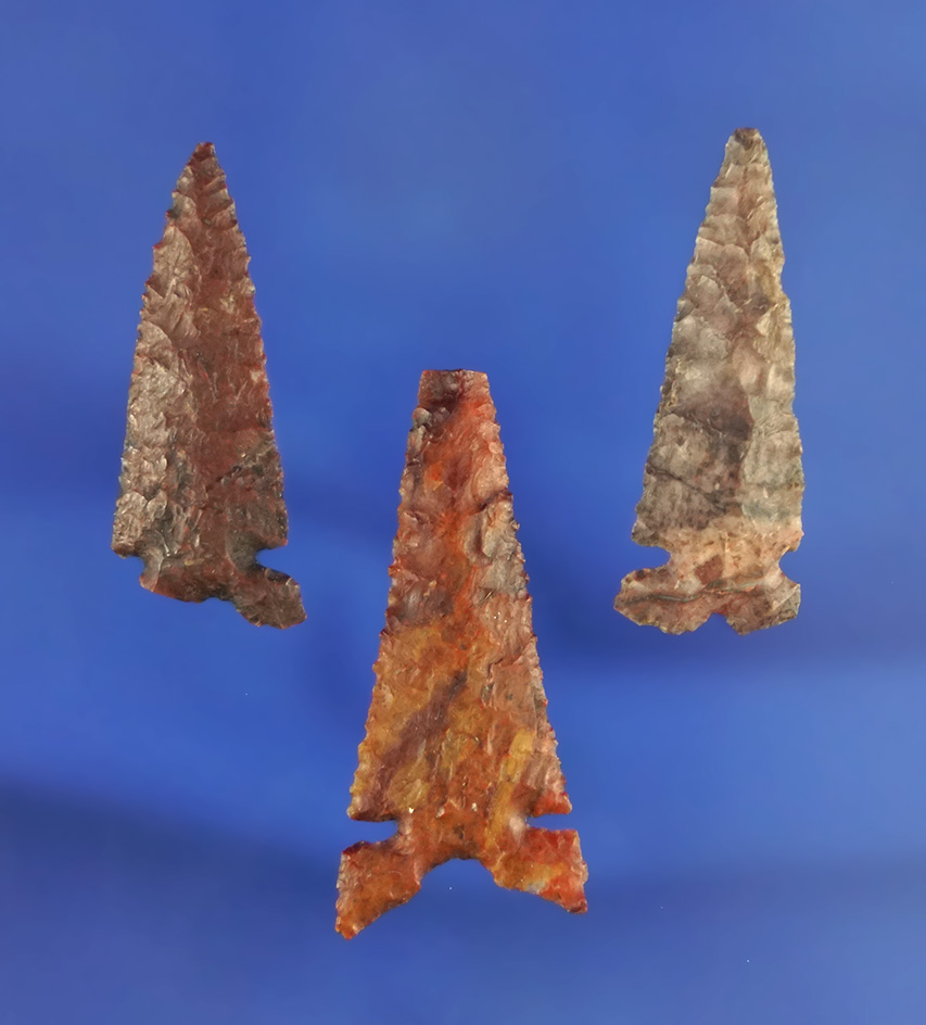 Set of three Desert Sierra sidenotch arrowheads made from mottled Jasper. California.