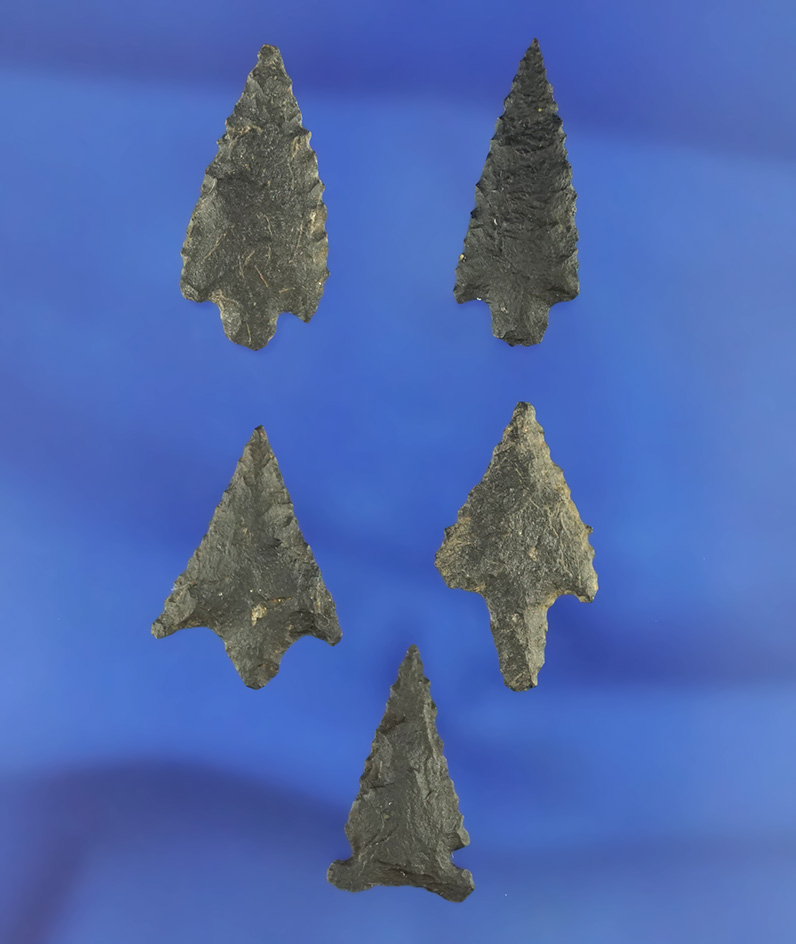 Set of five basalt arrowheads in good condition, largest is 1". California.