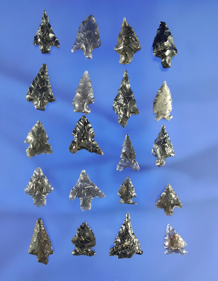 Large group of 20 assorted obsidian arrowheads, most are in good condition. California.