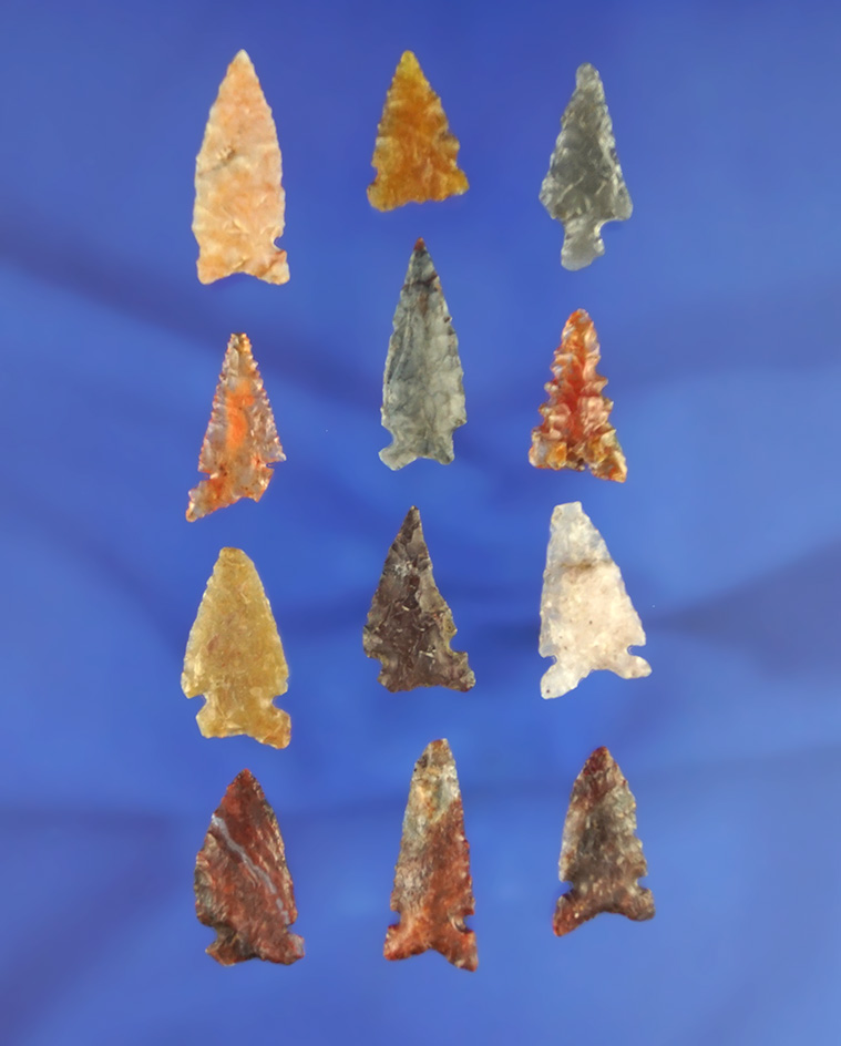 Nice group of 12 assorted arrowheads made from quality material in nice condition California. Larges