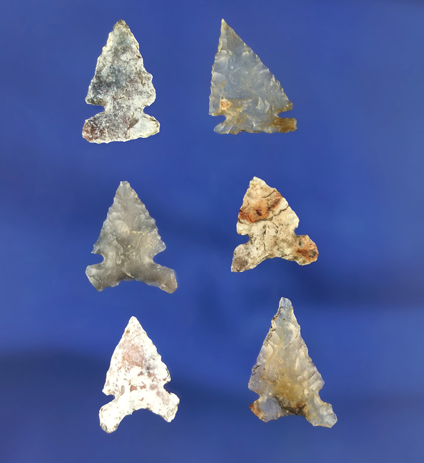 Set of six sidenotch arrowheads, largest is 3/4". California.