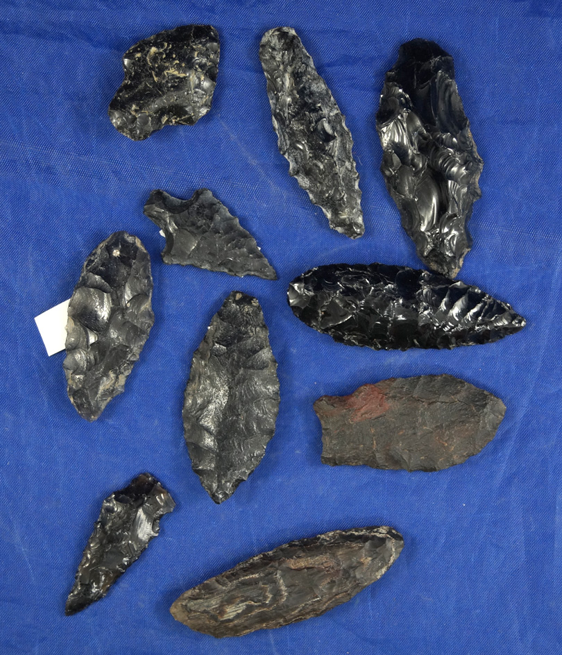 Group of 10 assorted great basin Obsidian artifacts, largest is 2 1/8".