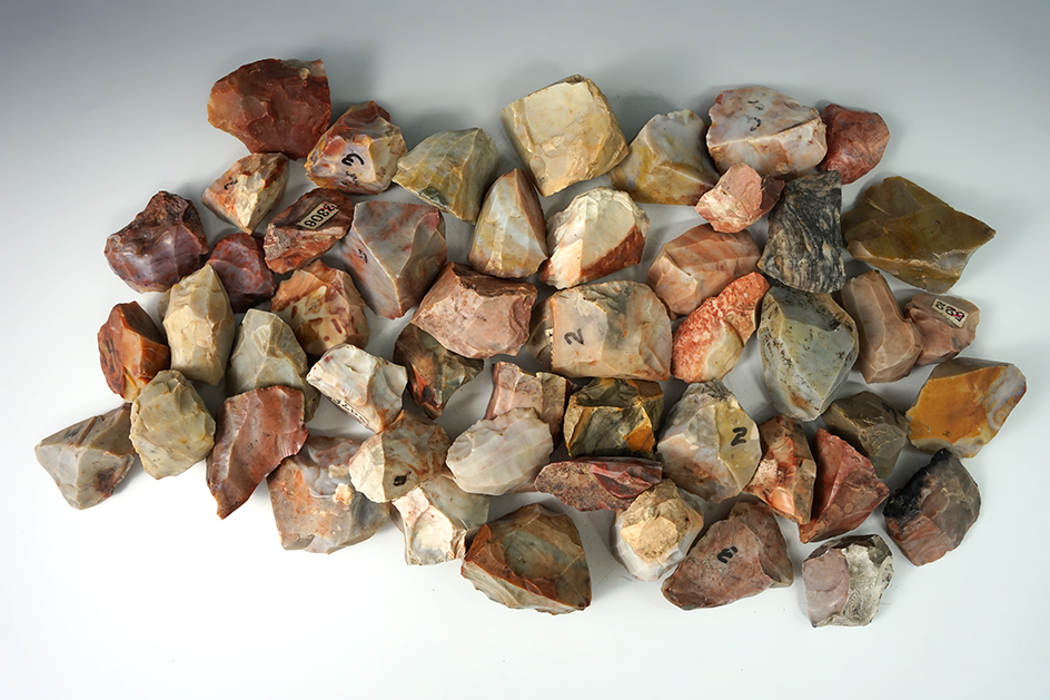 Large group of very colorful Hopewell Flint Ridge Flint Cores found in Licking Co., Ohio.