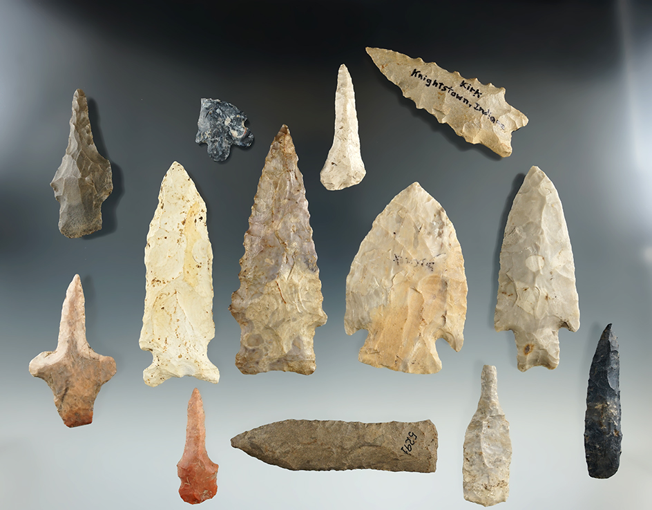 Nice group of 13 assorted artifacts from the Dr. Stanley Copeland collection. Largest is 3 5/8".