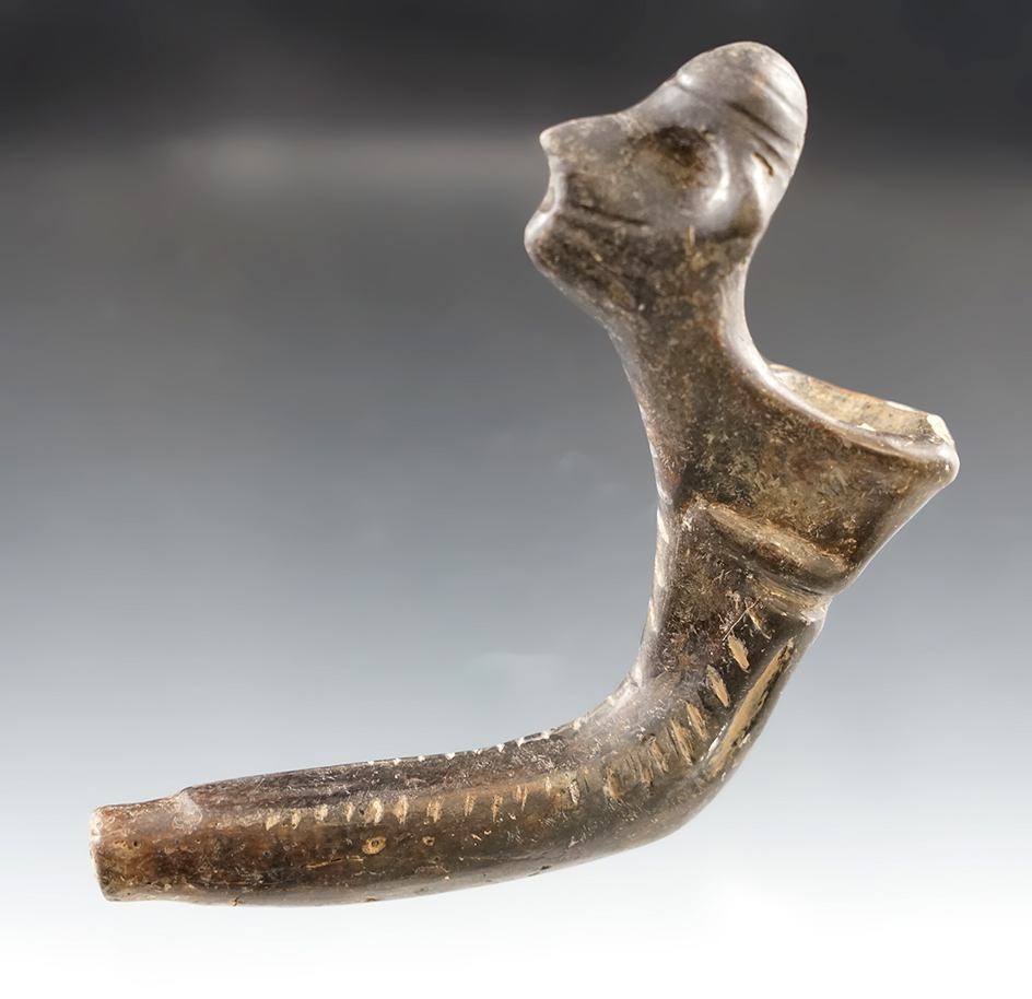 4 1/4" Long by 4 1/4" tall Pinched Face Huron Clay Blower Pipe, Simcoe Co., Ontario Canada.