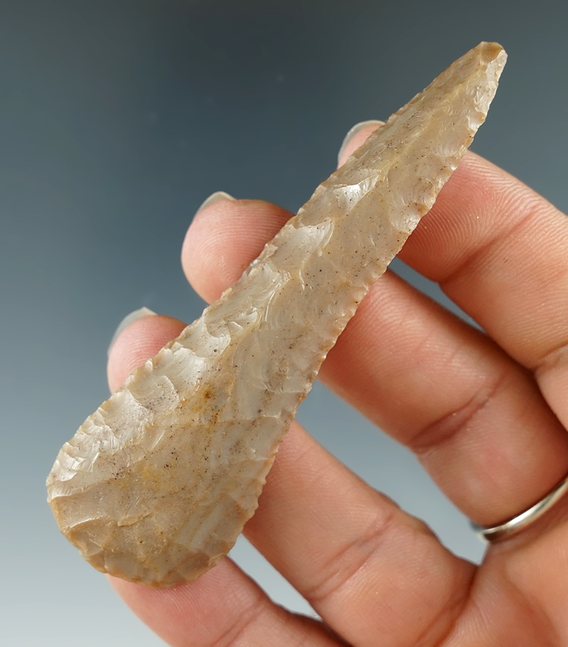 3 1/8" Flint Ridge Flint Drill found in Morrow Co., Ohio. Ex. Gilbert Dilley.