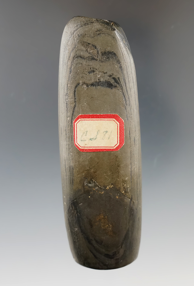 Uniquely styled 3 15/16" Tubular Bannerstone with restoration near each hole. S. Michigan.