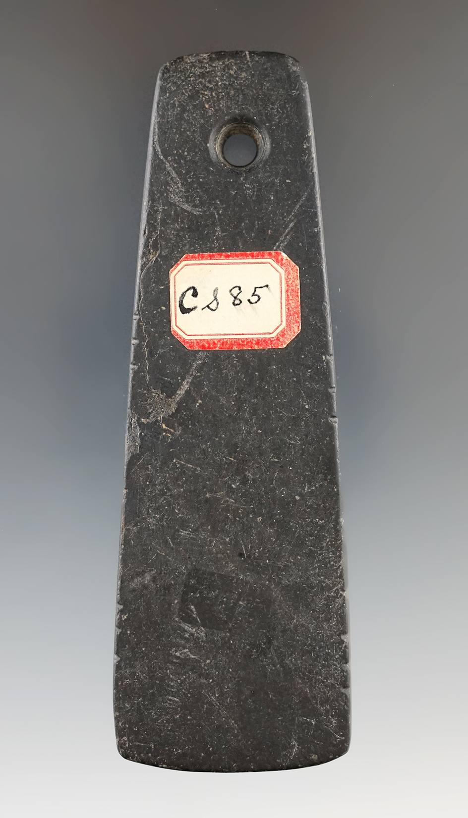 4 1/8" Adena Trapezoidal Pendant made from Glacial Slate, tallies on four edges. Michigan.