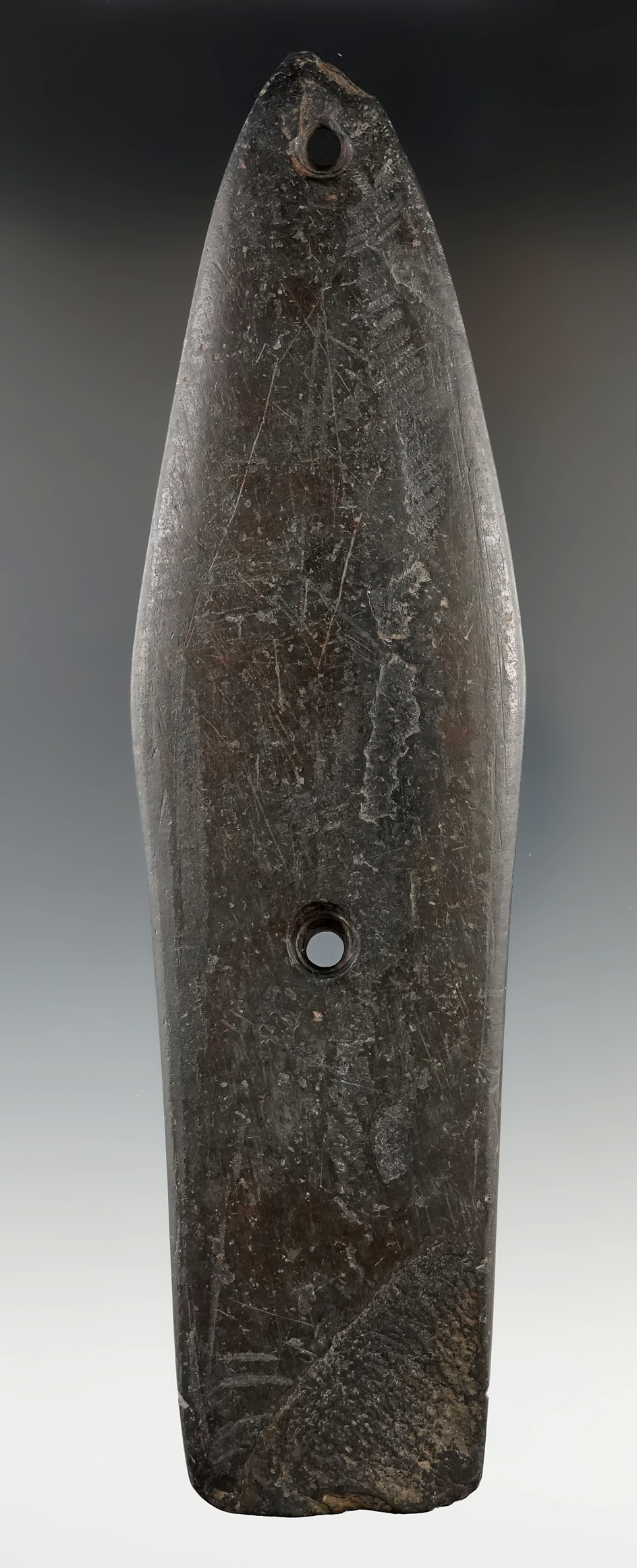 7 5/16" Black Slate Glacial Kame Gorget found in southern Michigan.