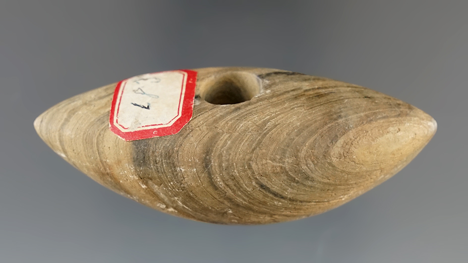 Very unique 2 7/8" Miniature Pick Bannerstone made from Banded Glacial Slate, Michigan.