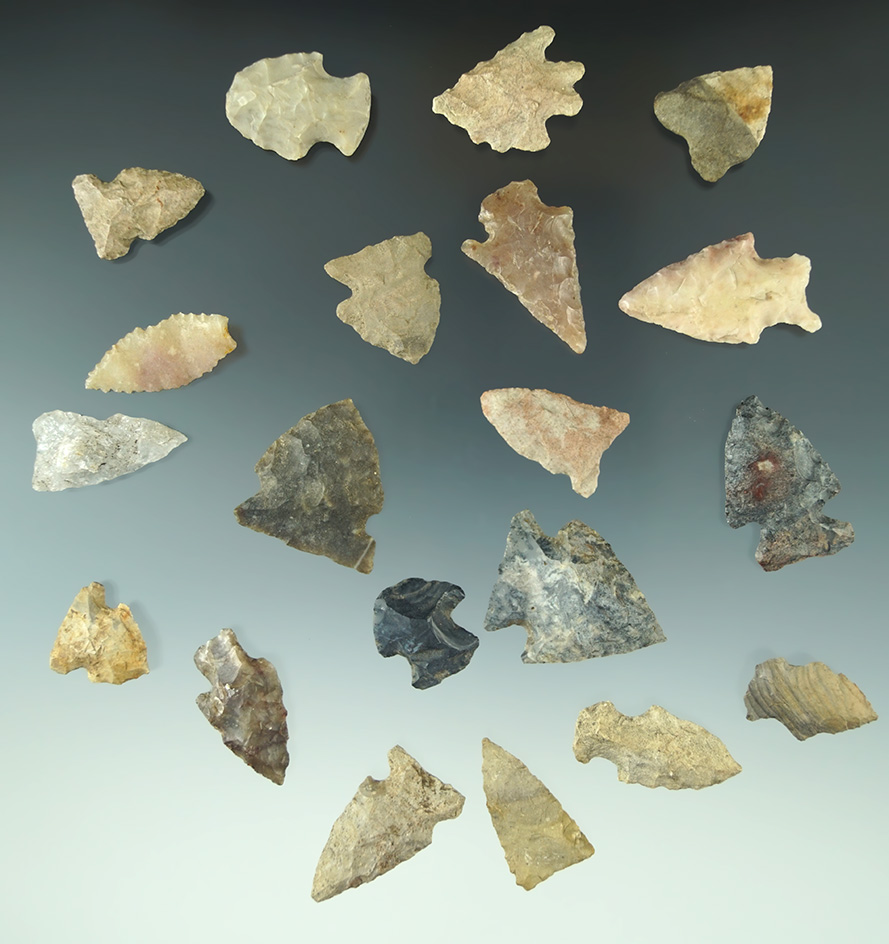 Group of 20 assorted arrowheads found in Michigan, largest is 1 and 1/4".