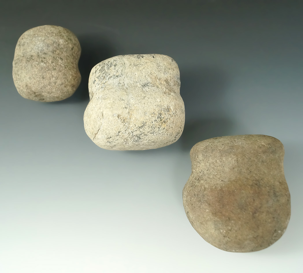 Set of three well defined Grooved Hammerstones found in Ohio, largest is 2 1/2" wide.
