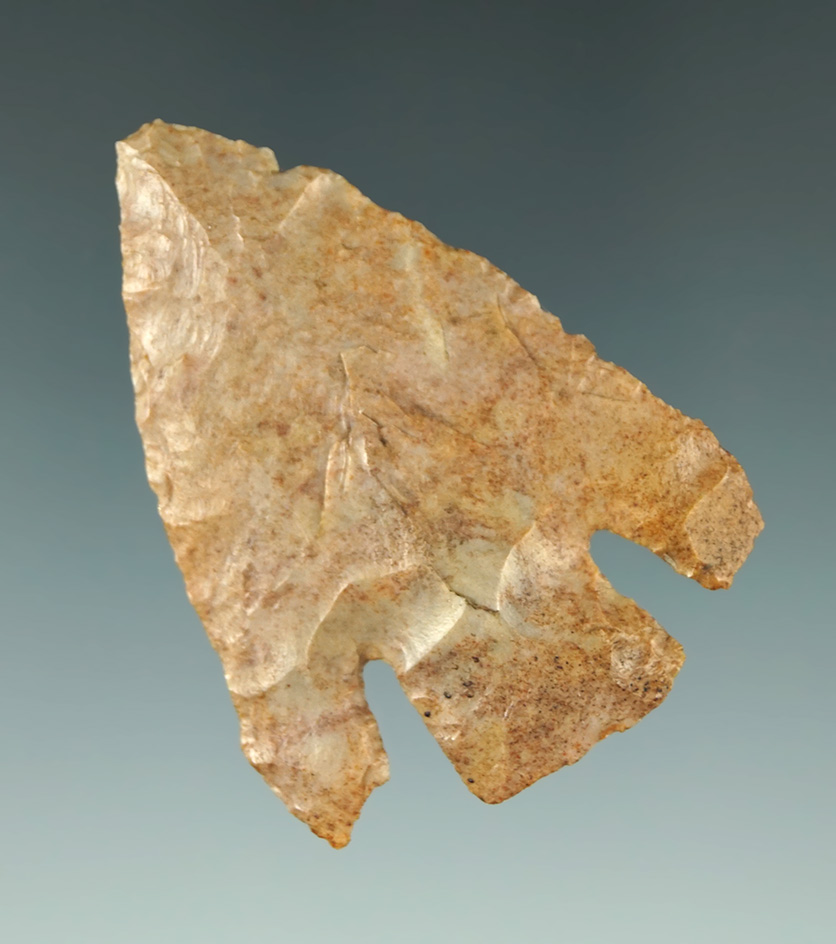 2 1/8" Calf Creek made from heat-treated Boone chert found in Mayes Co., Oklahoma.