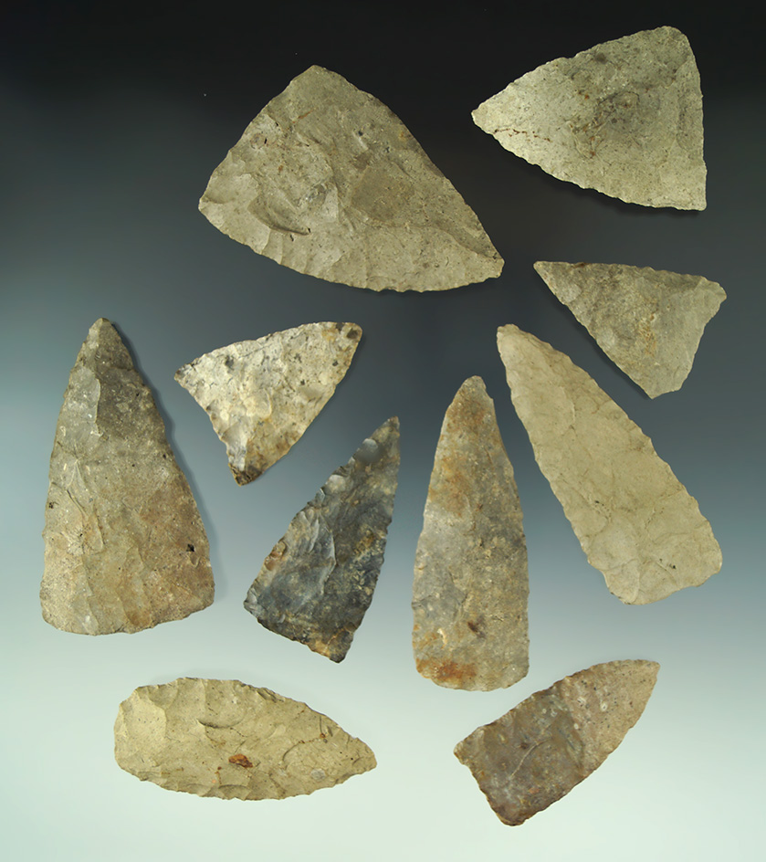 Set of 10 Triangular Knives found in Michigan, largest is 2 7/8".