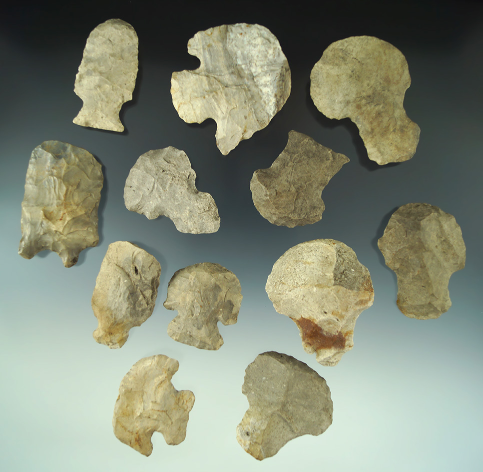 Group of 12 hafted scrapers found in Michigan, largest is 2 1/8".