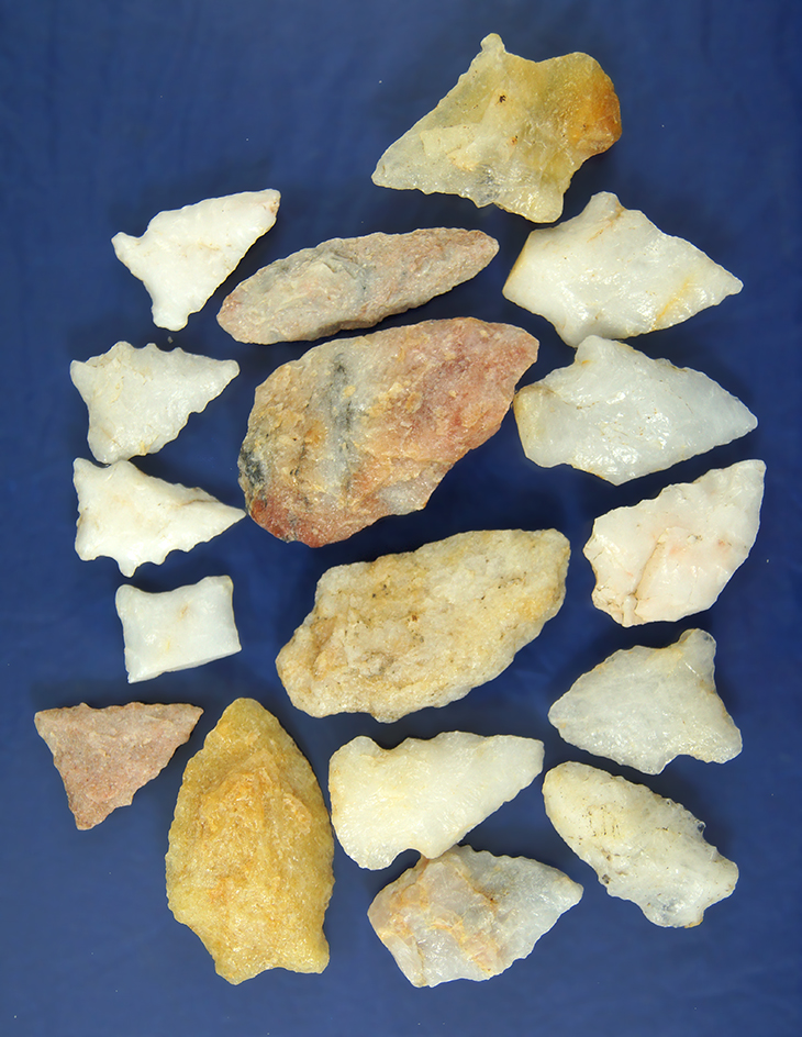 Large group of assorted Quartz Arrowheads found in North Carolina, largest is 2 1/4".