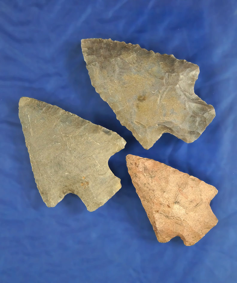 Set of three well flaked Alabama Arrowheads in excellent condition, largest is 2 3/16".