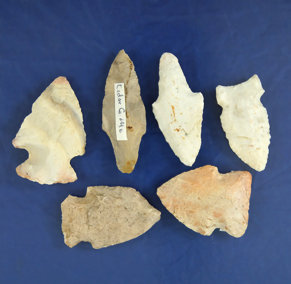 Set of six assorted Missouri Arrowheads - largest is 1 7/8".