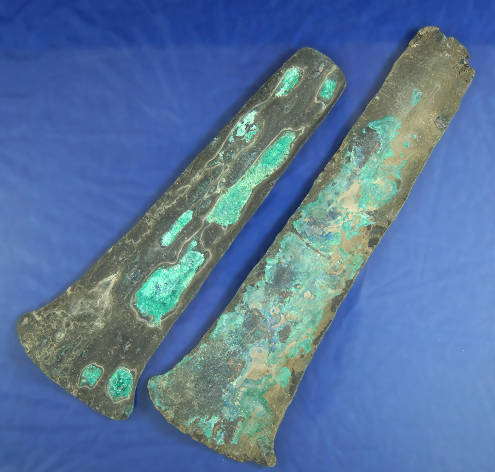 Two pieces of Aztec hoe money found in Mexico. Largest is 6".