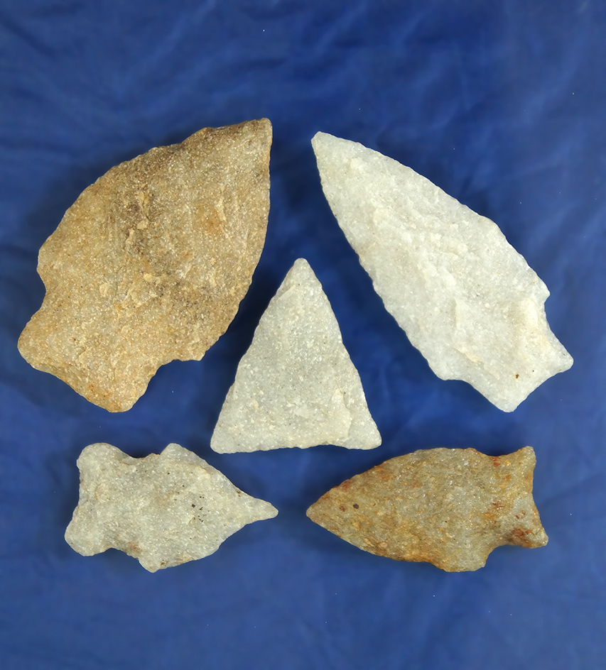 Set of five Quartz Arrowheads found in Virginia in very nice condition, largest is 2".