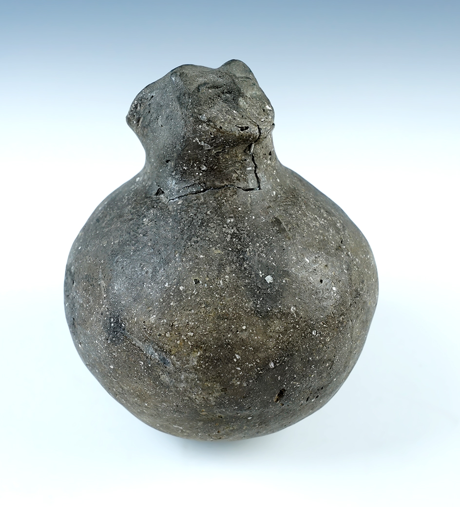 5 3/4" tall by 4 1/2" wide Owl Effigy Hooded Bottle made from shell tempered clay - Missouri. 