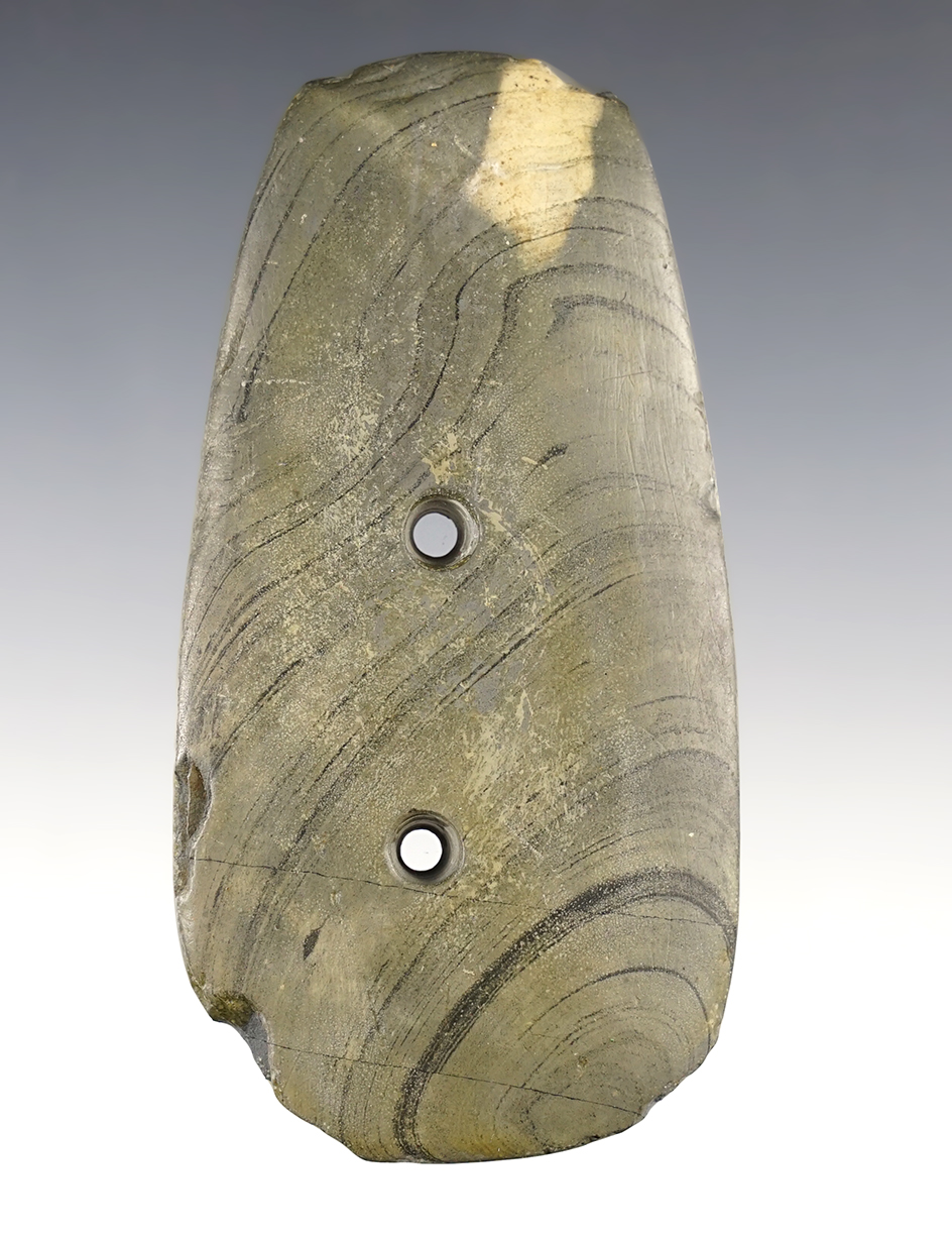 4 1/2" Gorget made from Banded Slate with "worm tracks". Found in Huron Co., Ohio. 