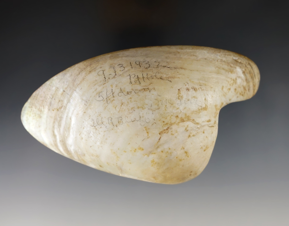 5 7/16" Clam Shell Effigy Ornament found by G. McGerr on August 22, 1932 in Illinois. 