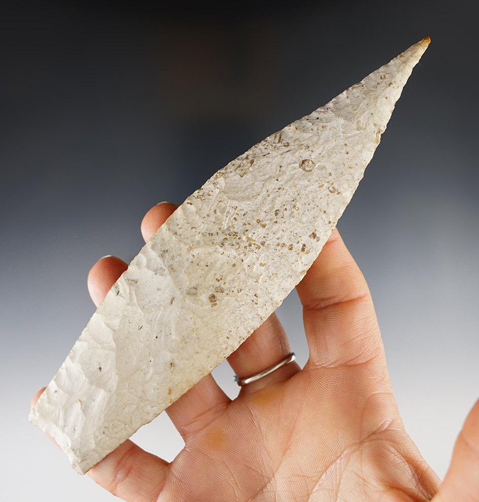 6 1/4" Agate Basin with a nice tip, made from Fossil Chert. Found in Morgan Co., Missouri. 