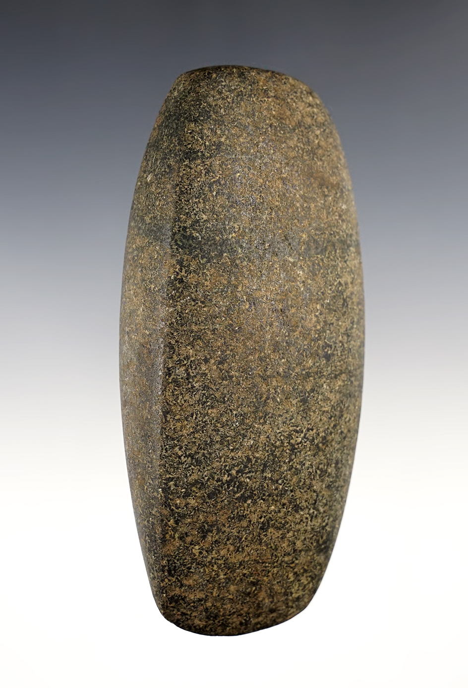 Well defined 4 5/8" Square Sided Hardstone Celt found on July 24, 1976 in Fulton Co., Illinois. 