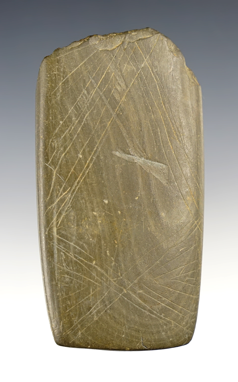 3 7/16" Broken Banded Slate Gorget with incredible engravings on both sides! Found in Ohio.