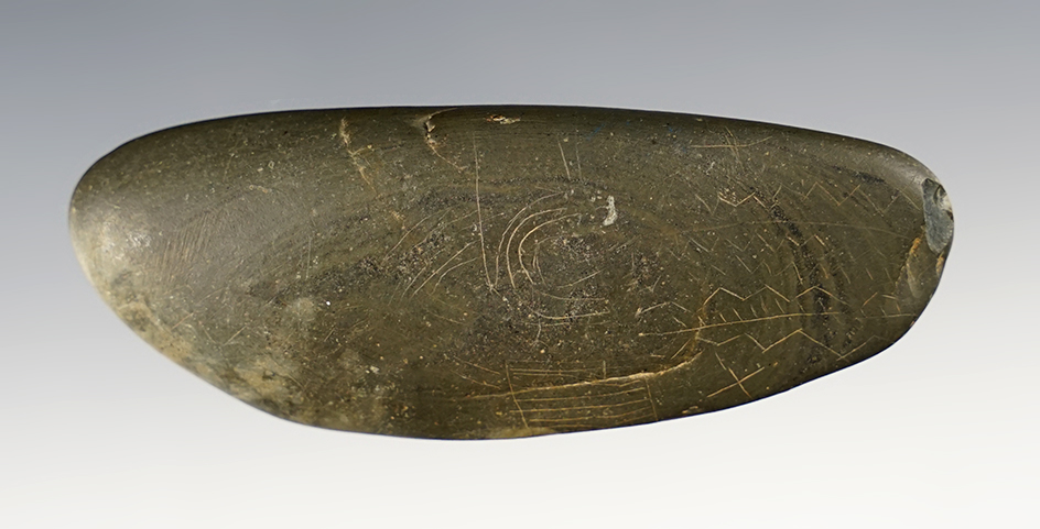 Rare! 3 1/4" long polished Slate with intricate engravings on one side. Found in Ohio. 