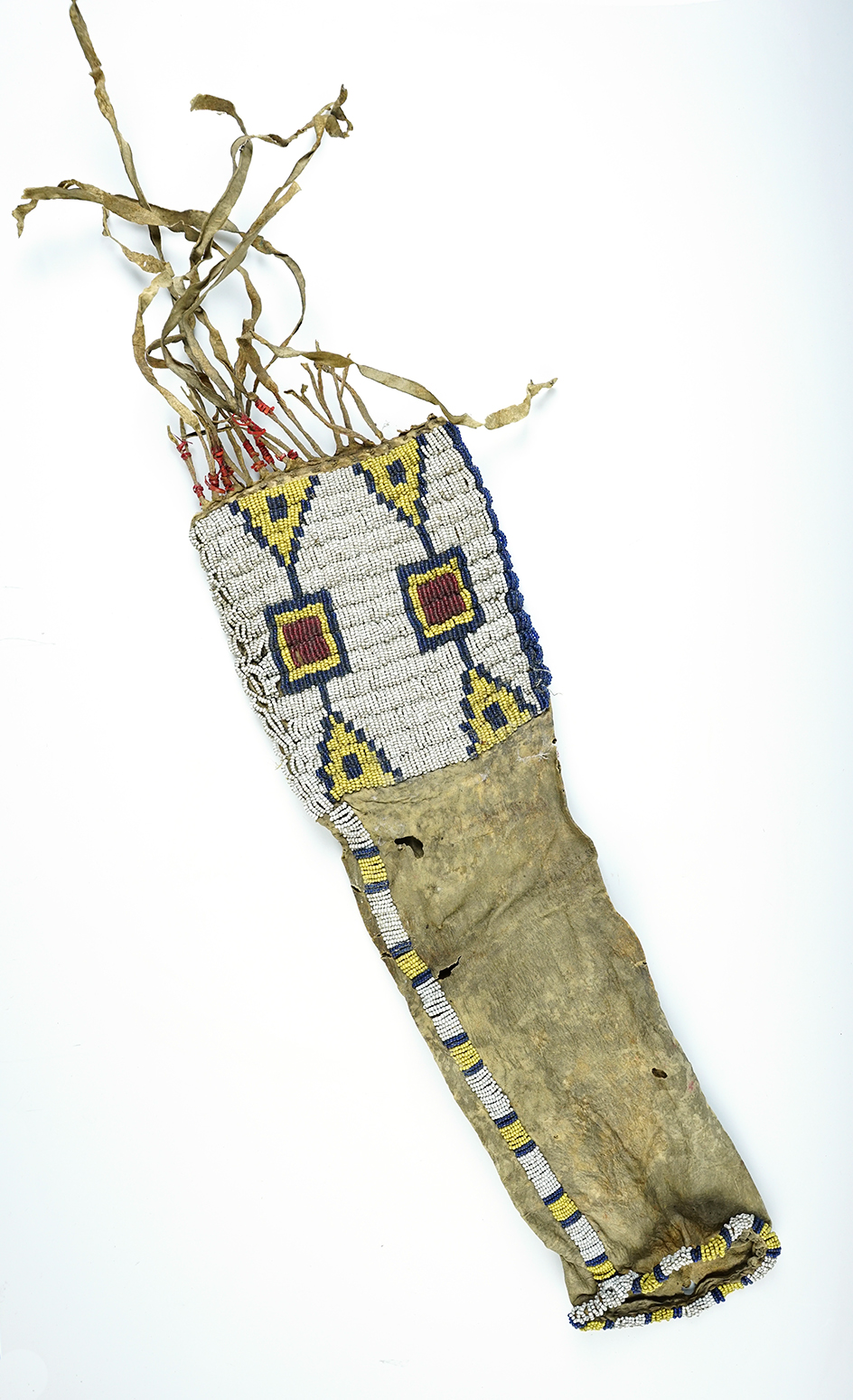 16" long x 4 7/8" 1800's period beaded leather Sioux Pipe Bag with nice greasy beads. 