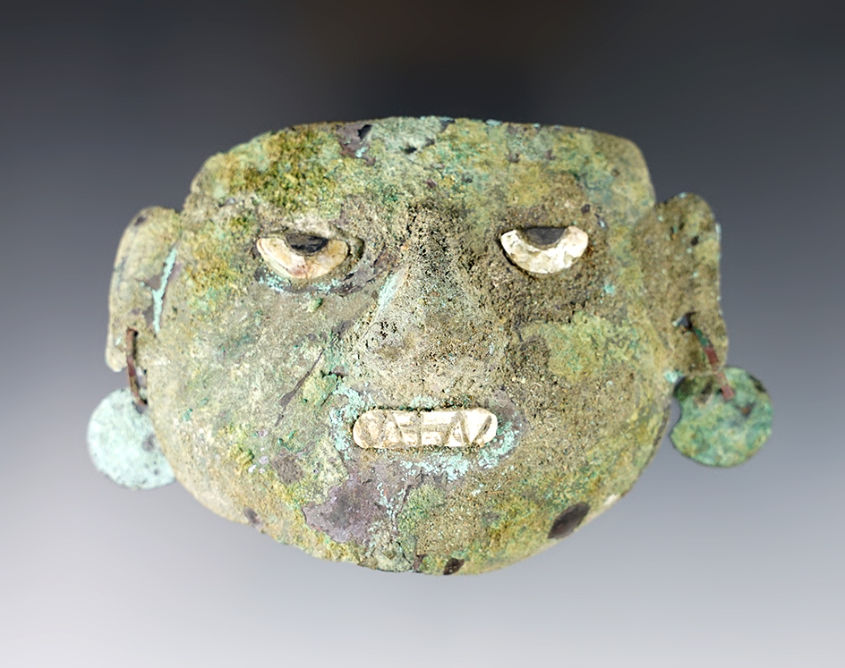 Exceptional! 3 3/8" wide Pre-Columbian Copper Moche Culture Face Effigy Pendant.