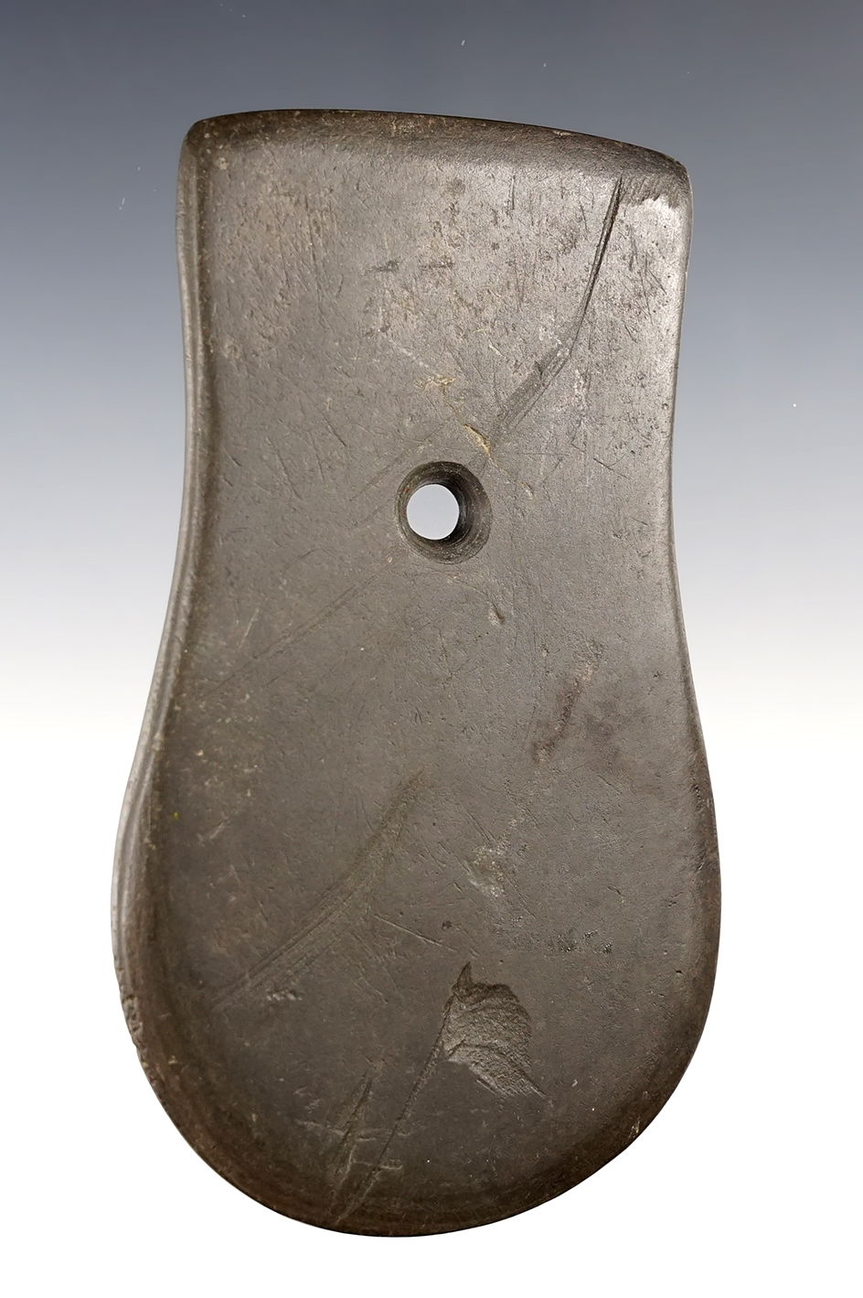 4 5/8" Adena Keyhole Pendant made from Slate. Found in Wood Co., Ohio. Ex. Dave Root. 