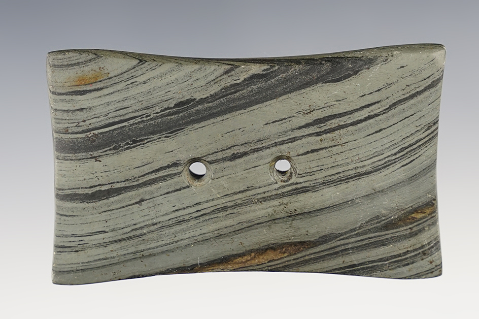 Fine 3 1/4" wide Quadriconcave Gorget found in Wilmington, Clinton Co., Ohio. Ex.Townsend.