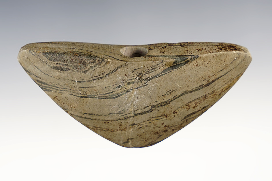 3 15/16" Uniquely styled Bannerstone found in 1935 near Evanston, Illinois. Ex. B. Pearson.