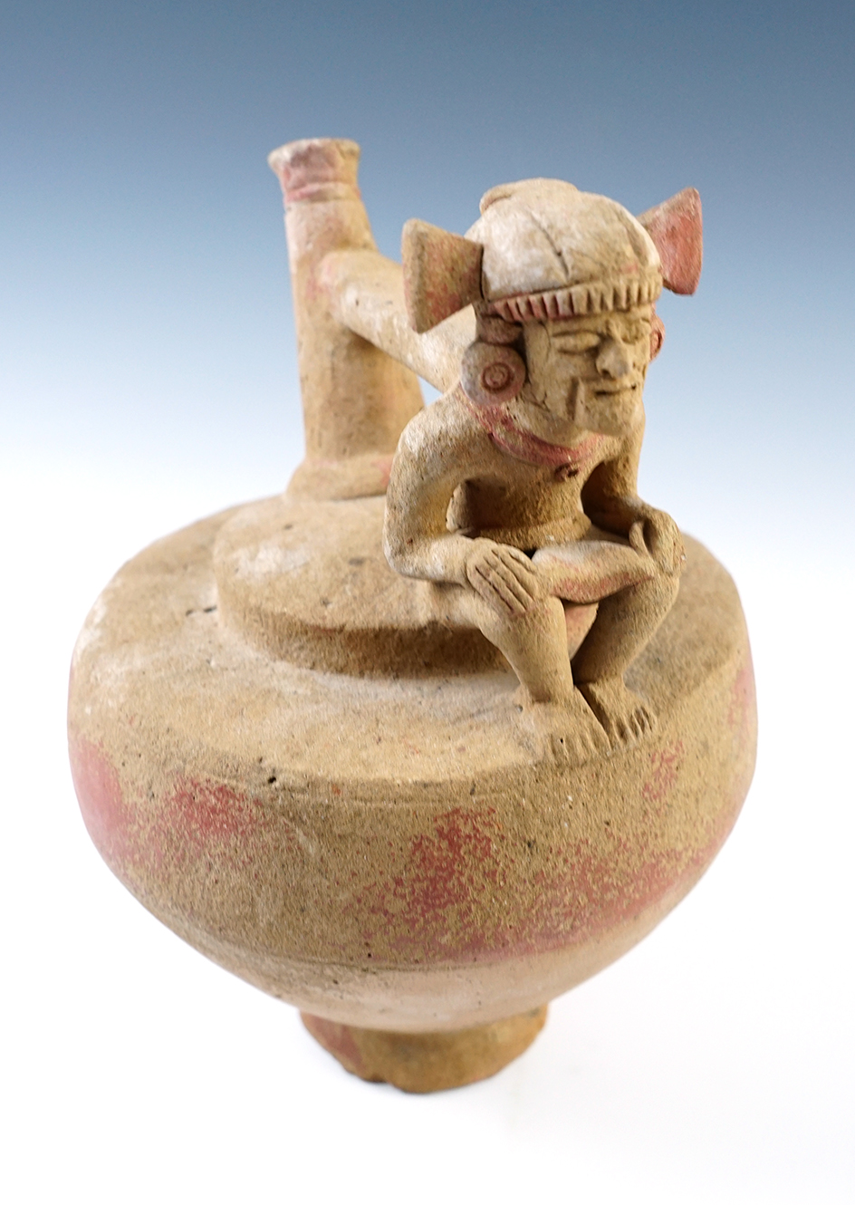 8 3/8" x 5 1/2" Whistle Vessel with a strap handle and pedestal base. Chorrea Culture, Ecuador.