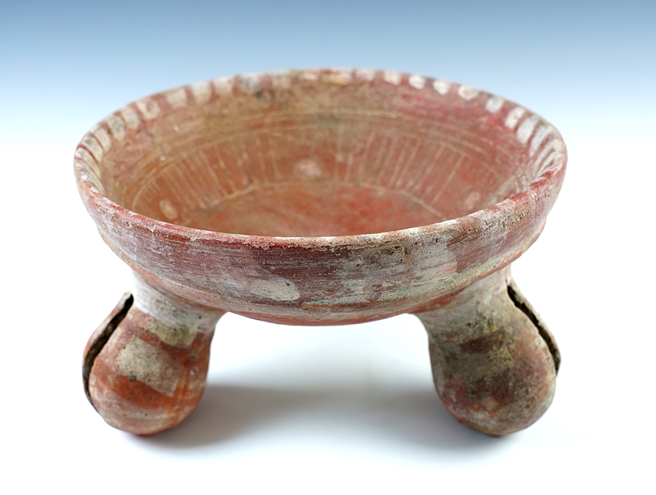 Rare! 8" wide x 4 1/2" tall solid condition Aztec culture Tri-leg Bowl. Mexico, Circa 800 BC.