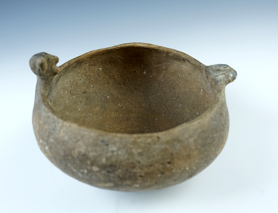 6 1/2" wide x 4 1/4" tall Pottery Bowl with unique face effigy at rim. Brown Co., Illinois. 